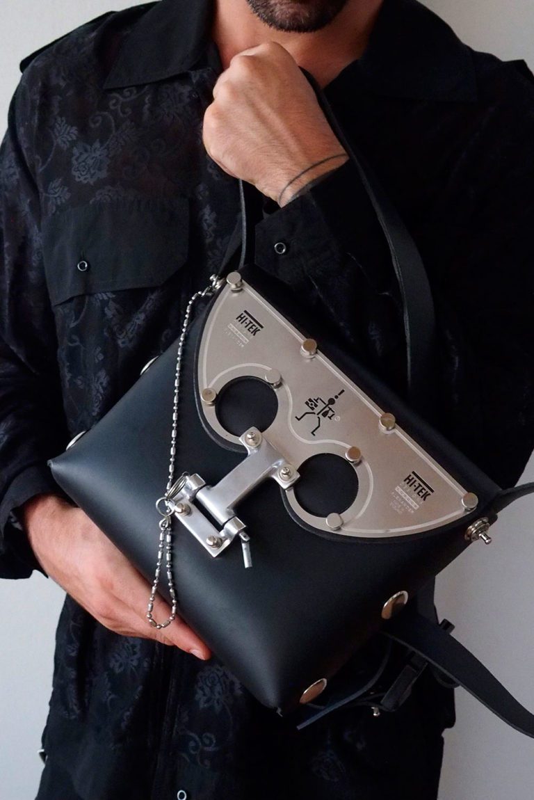 mens black leather cross body bag, statmeent bag, futuristic, sci fi unusual unique - Image 2