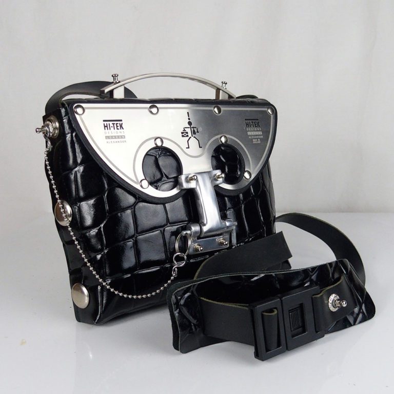 black shiny leather cross body bag, statement bag, futuristic, sci fi unusual unique - Image 2