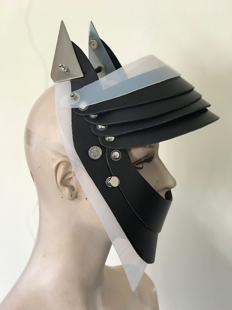 Unusual Head Wear futuristic, mask hat headpiece helmet modern Steampunk wearable art black white trim - Image 4