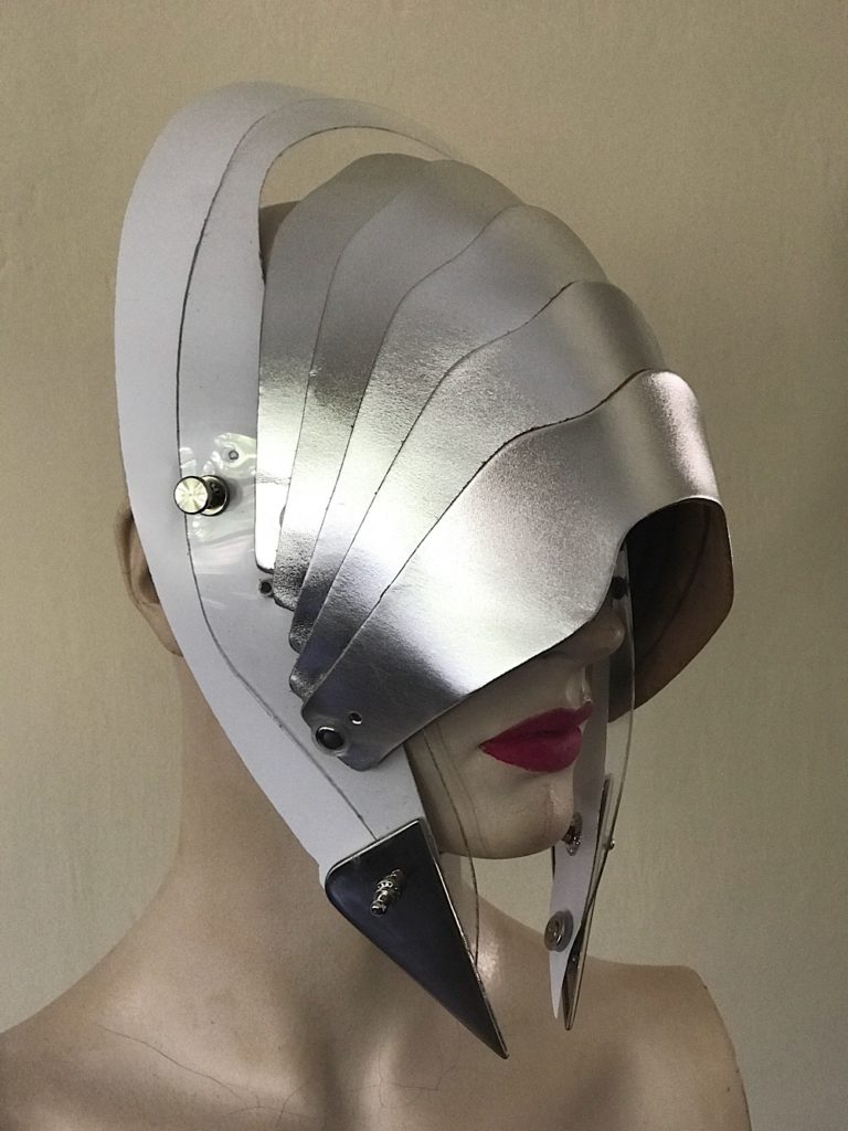 Unusual Head Wear mask hat alien helmet silver metallic leather