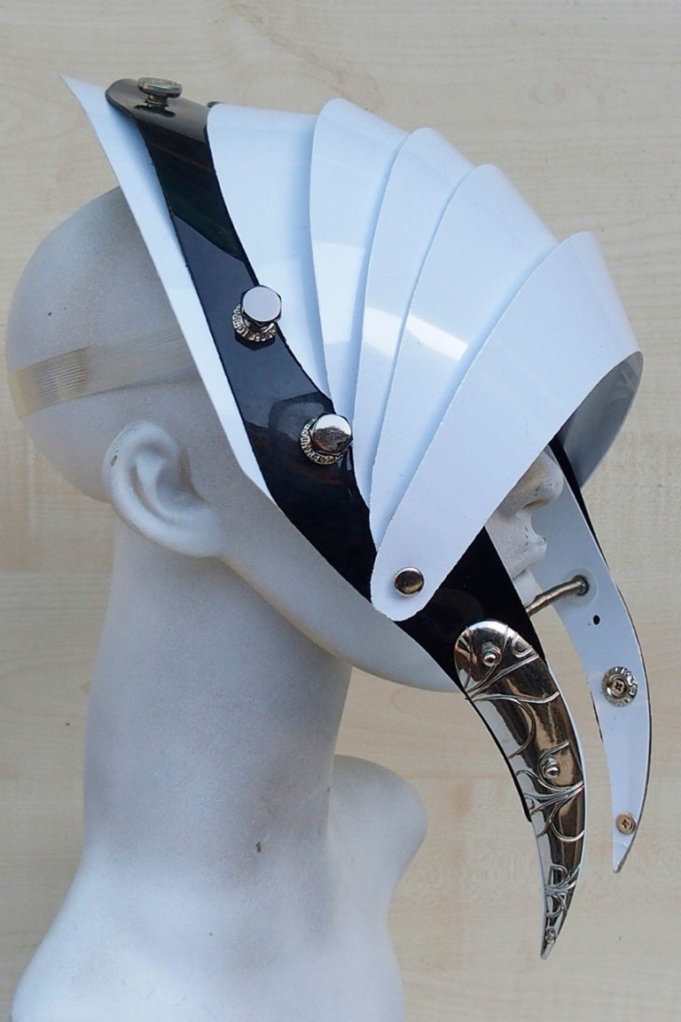 Unusual Head Wear futuristic, mask hat headpiece helmet modern Steampunk wearable art white black trim - Image 4