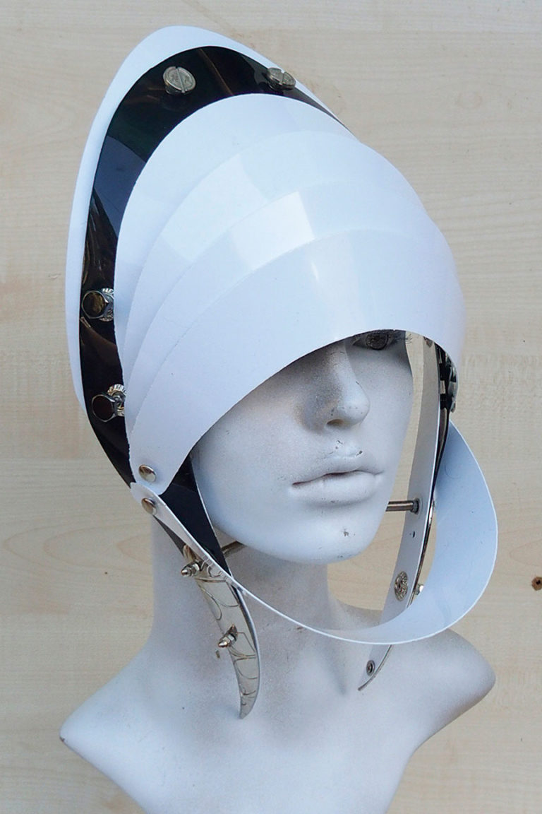 Unusual Head Wear futuristic, mask hat headpiece helmet modern Steampunk wearable art white black trim - Image 2