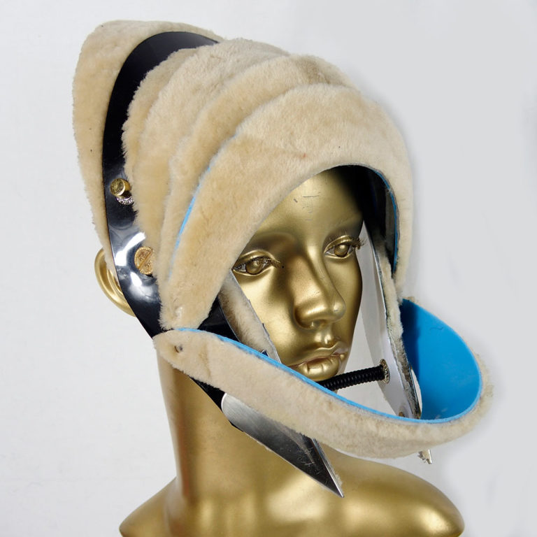 Unusual Head Wear futuristic, mask hat headpiece helmet modern Steampunk wearable art beige fur - Image 4