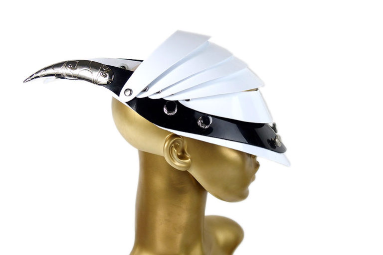 Unusual Head Wear futuristic, mask hat headpiece helmet modern Steampunk wearable art white black trim - Image 5