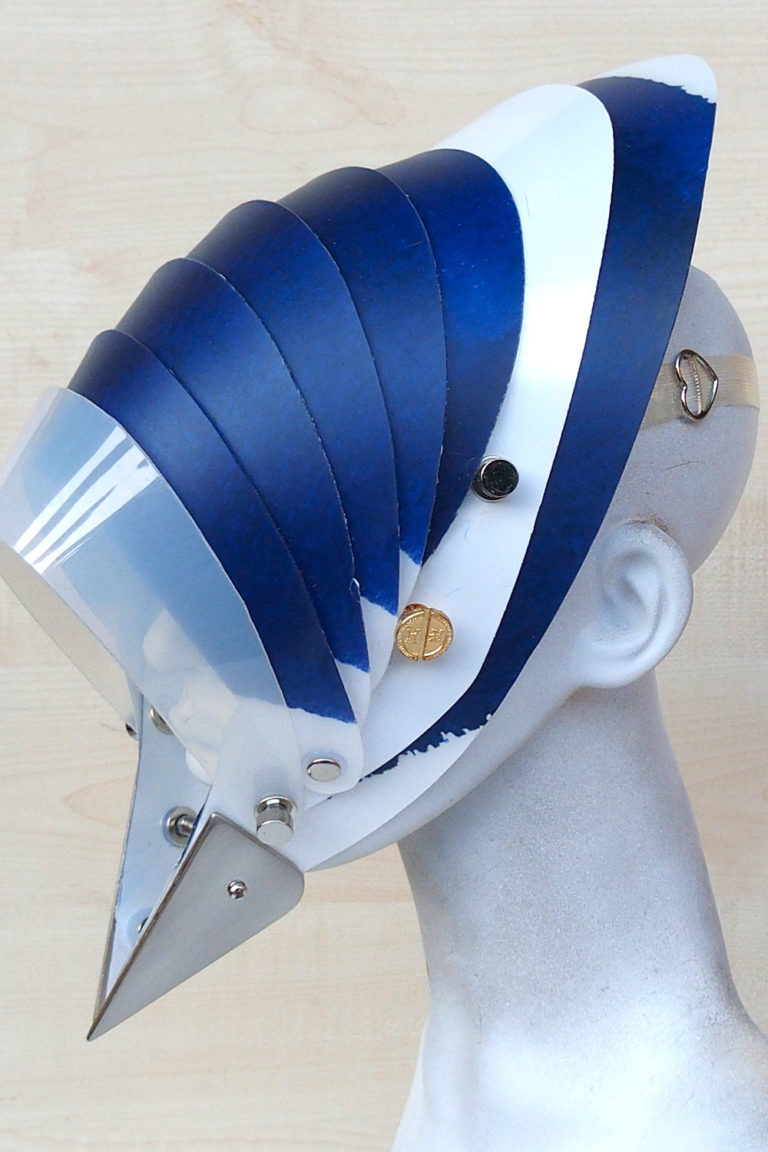 futuristic head wear in entertainment article, wearable art, cobalt blue white - Image 3