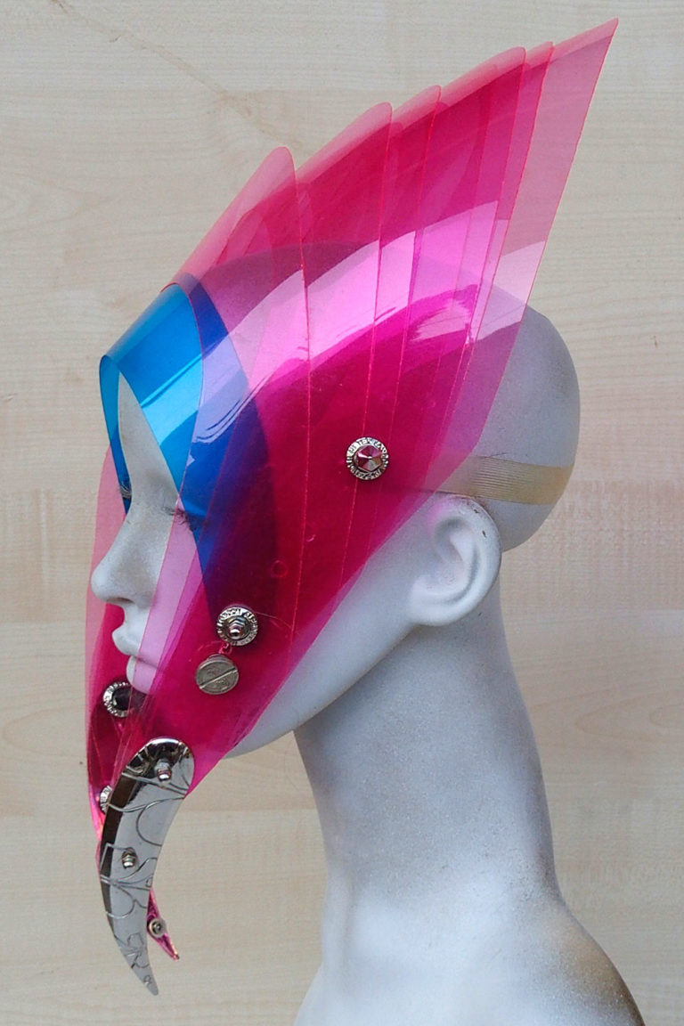 futuristic head wear with horns in entertainment article, wearable art, bright pink - Image 2