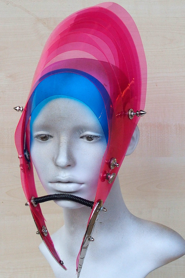 futuristic head wear with horns in entertainment article, wearable art, bright pink - Image 4