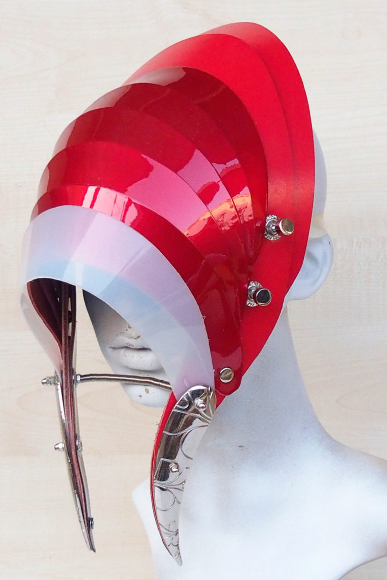 Unusual Head Wear futuristic, mask hat headpiece helmet modern Steampunk wearable art red white - Image 3