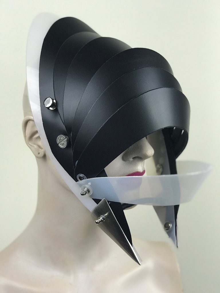 Unusual Head Wear futuristic, mask hat headpiece helmet modern Steampunk wearable art black white trim - Image 6