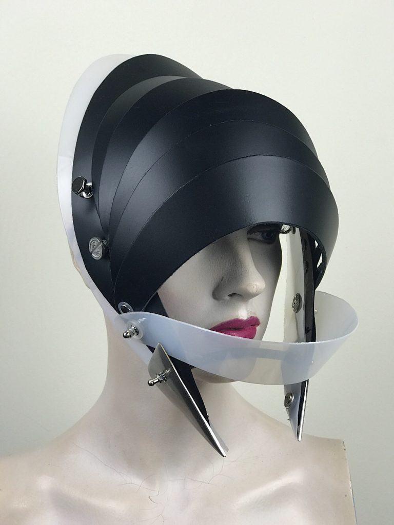 Unusual Head Wear futuristic, mask hat headpiece helmet modern Steampunk wearable art black white trim - Image 2