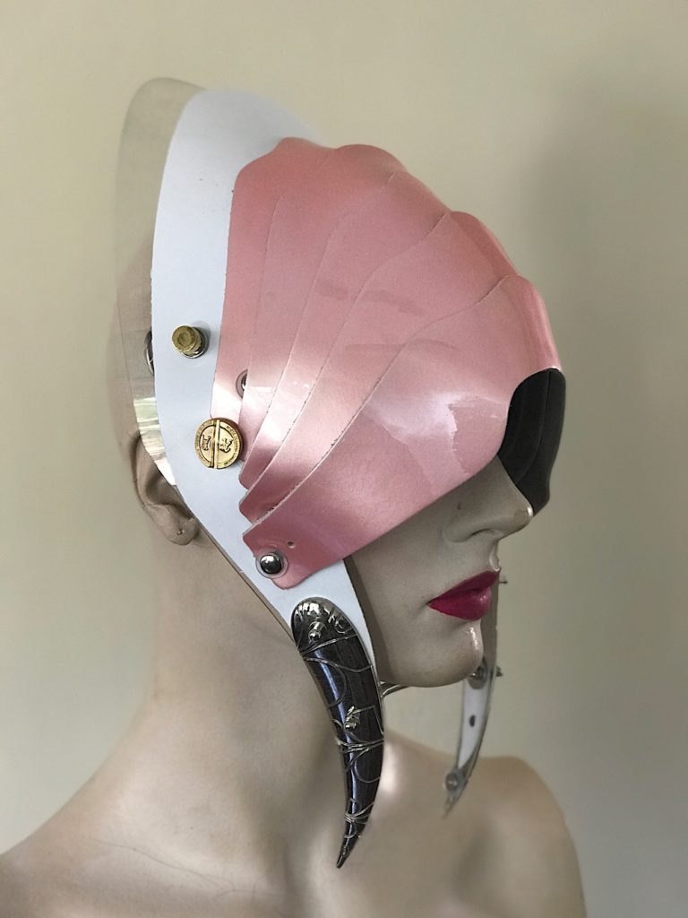 Unusual Head Wear futuristic, mask hat headpiece helmet modern Steampunk wearable art pink with horns