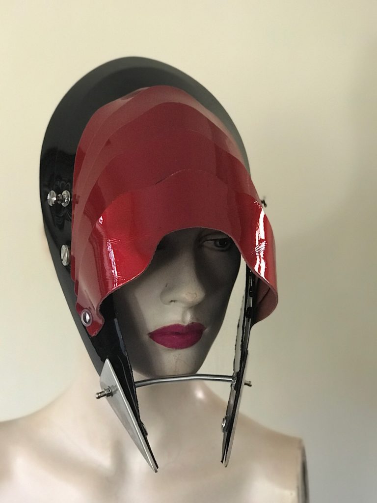 Unusual Head Wear futuristic, mask hat headpiece helmet modern Steampunk wearable art red black - Image 4