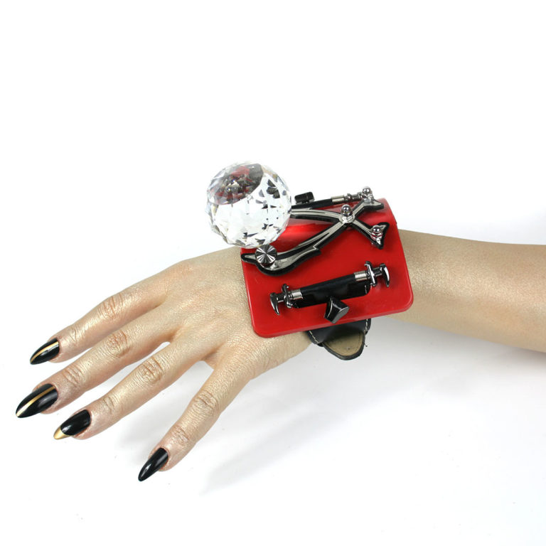 Red base huge crystal ball, Bracelet cuff, statement jewellery, handmade, one of a kind, unusual unique - Image 3