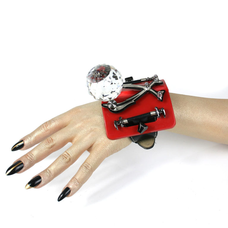 Red base huge crystal ball, Bracelet cuff, statement jewellery, handmade, one of a kind, unusual unique