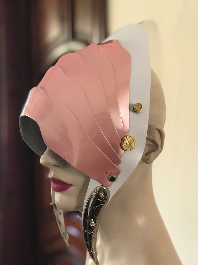 Unusual Head Wear futuristic, mask hat headpiece helmet modern Steampunk wearable art pink with horns - Image 6