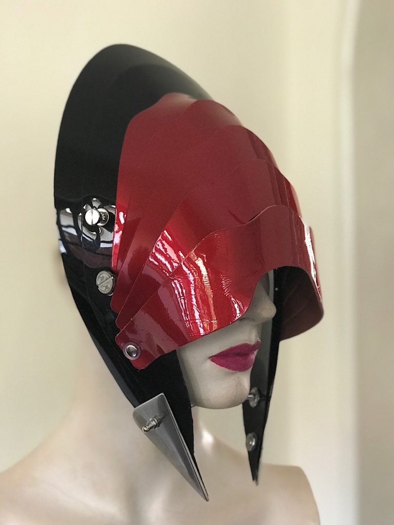 Unusual Head Wear futuristic, mask hat headpiece helmet modern Steampunk wearable art red black