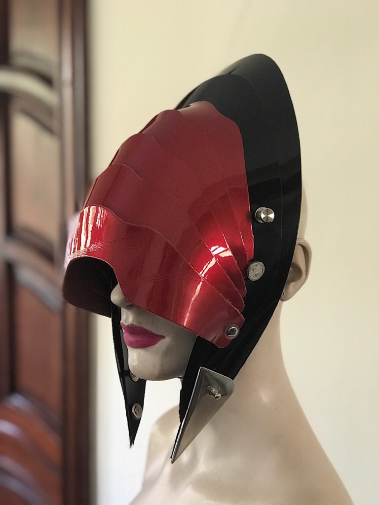Unusual Head Wear futuristic, mask hat headpiece helmet modern Steampunk wearable art red black - Image 2