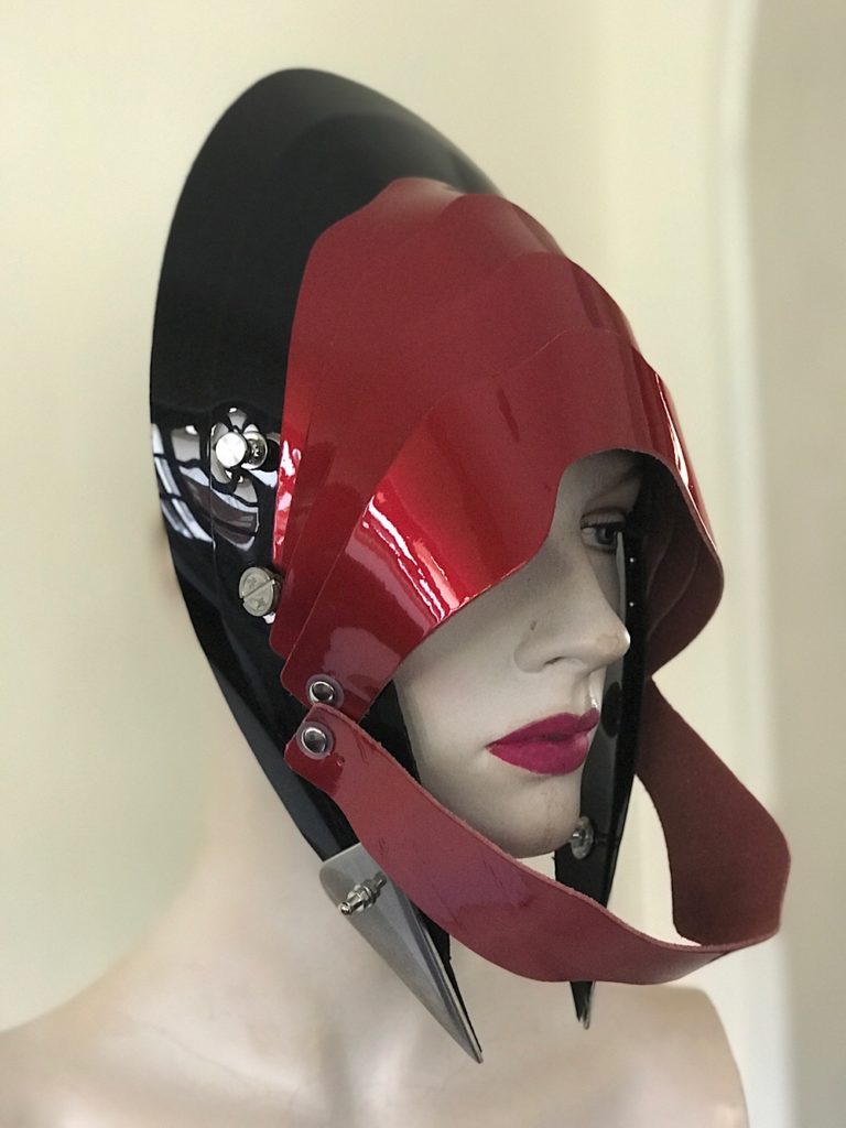 Unusual Head Wear futuristic, mask hat headpiece helmet modern Steampunk wearable art red black - Image 5