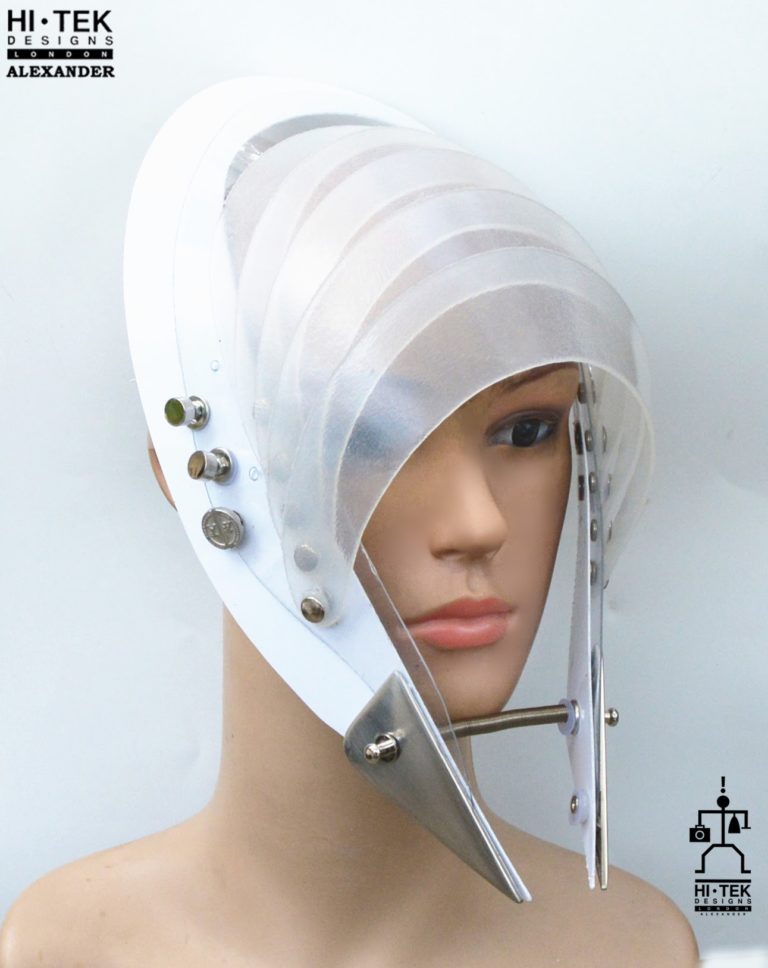futuristic head wear in entertainment article, wearable art, all white - Image 3