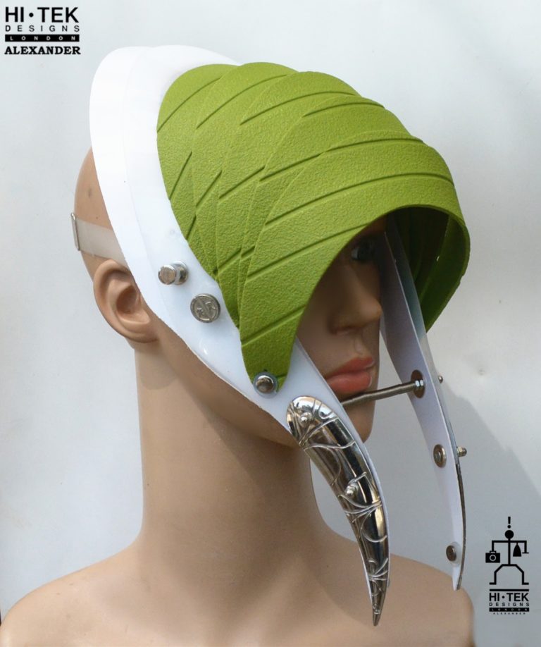 Unusual Head Wear futuristic, mask hat headpiece helmet modern Steampunk wearable art green - Image 3