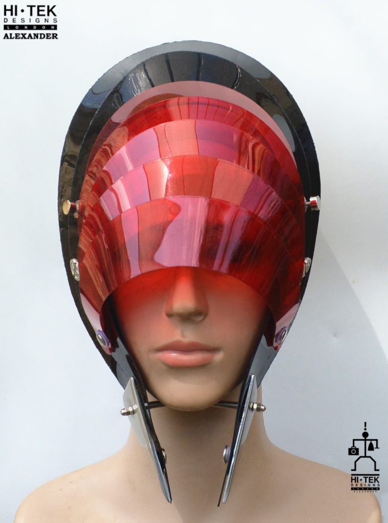 Unusual Head Wear futuristic, mask hat headpiece helmet modern Steampunk wearable art red black - Image 2
