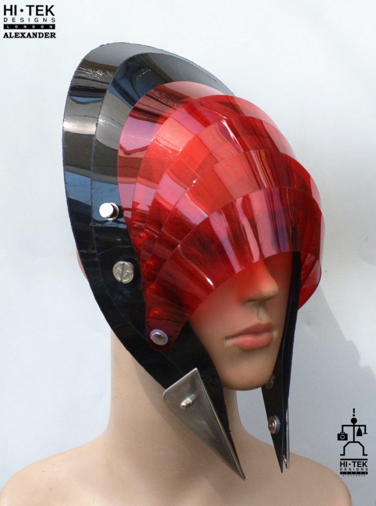 Unusual Head Wear futuristic, mask hat headpiece helmet modern Steampunk wearable art red black - Image 3