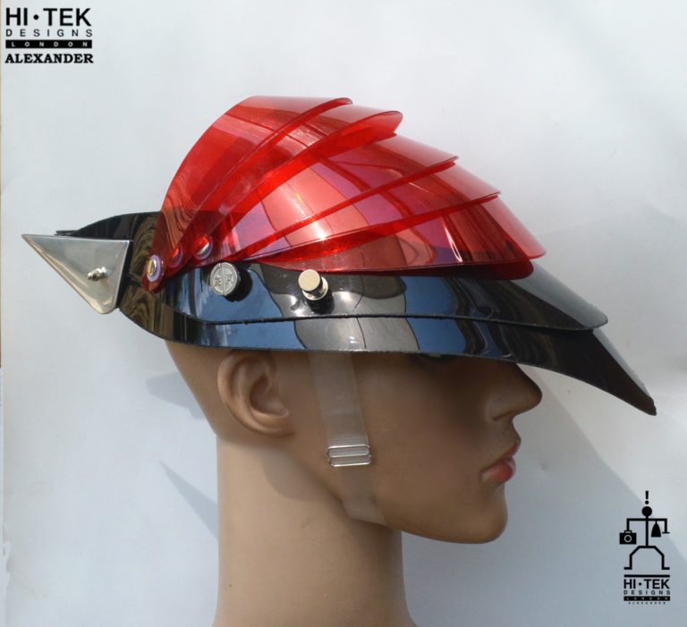 Unusual Head Wear futuristic, mask hat headpiece helmet modern Steampunk wearable art red black - Image 4