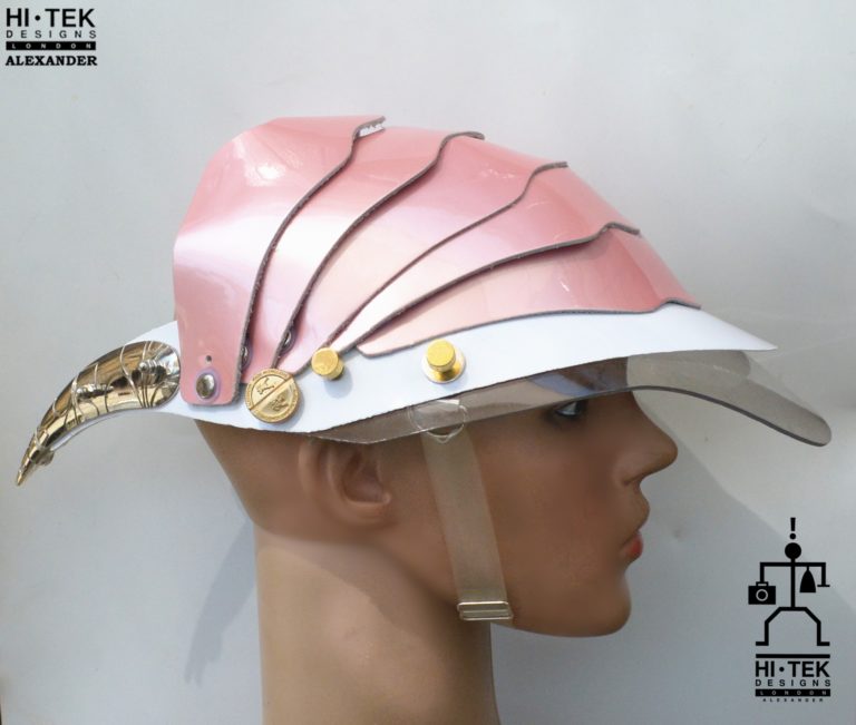 Unusual Head Wear futuristic, mask hat headpiece helmet modern Steampunk wearable art pink with horns - Image 5
