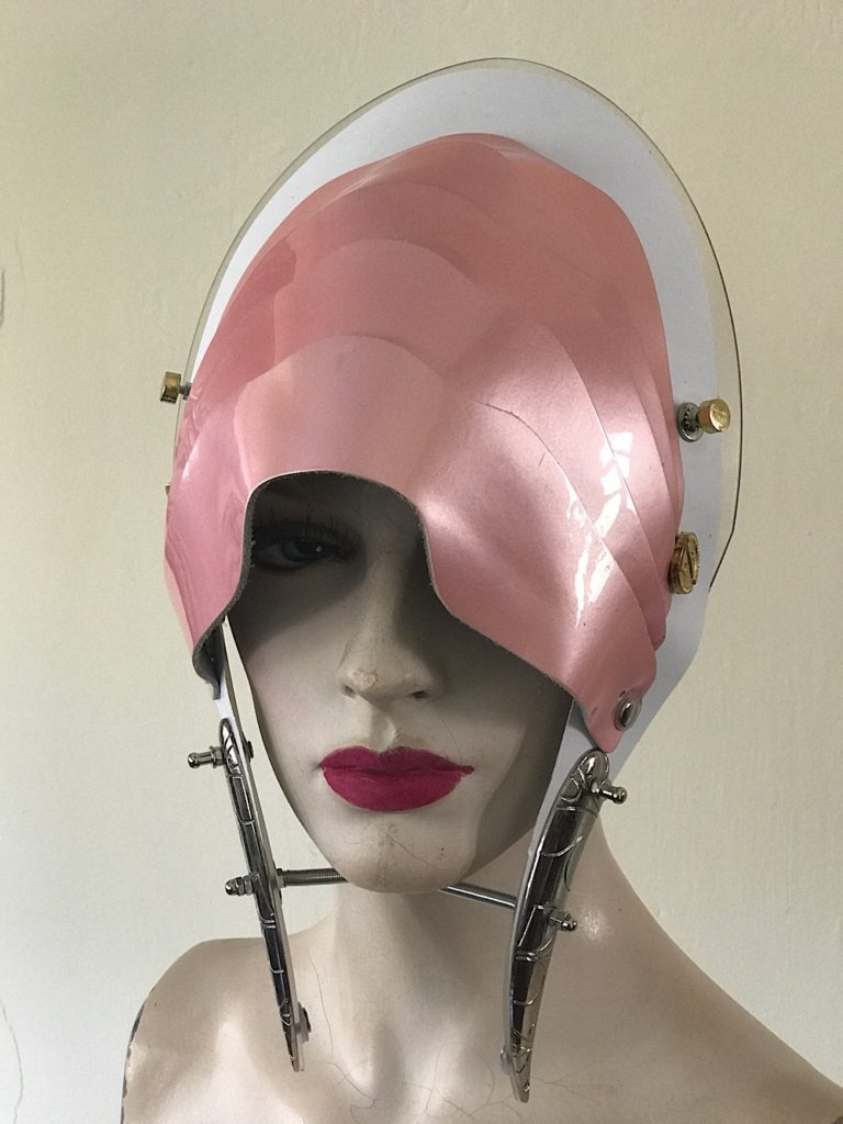 Unusual Head Wear futuristic, mask hat headpiece helmet modern Steampunk wearable art pink with horns - Image 3