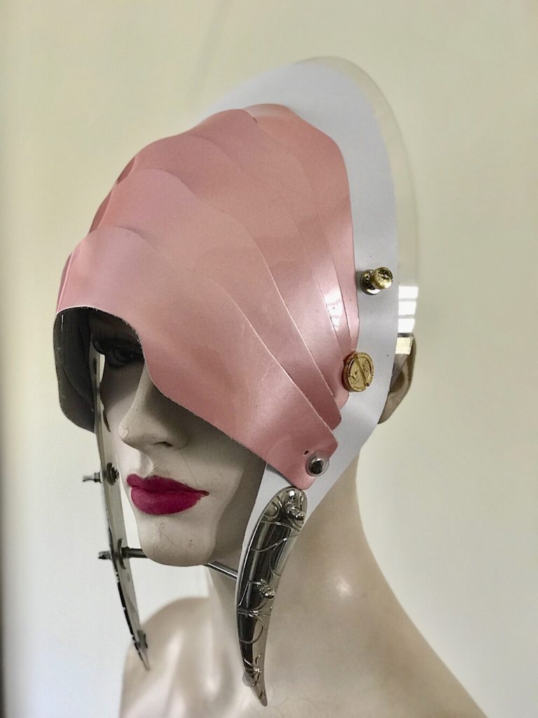 Unusual Head Wear futuristic, mask hat headpiece helmet modern Steampunk wearable art pink with horns - Image 2