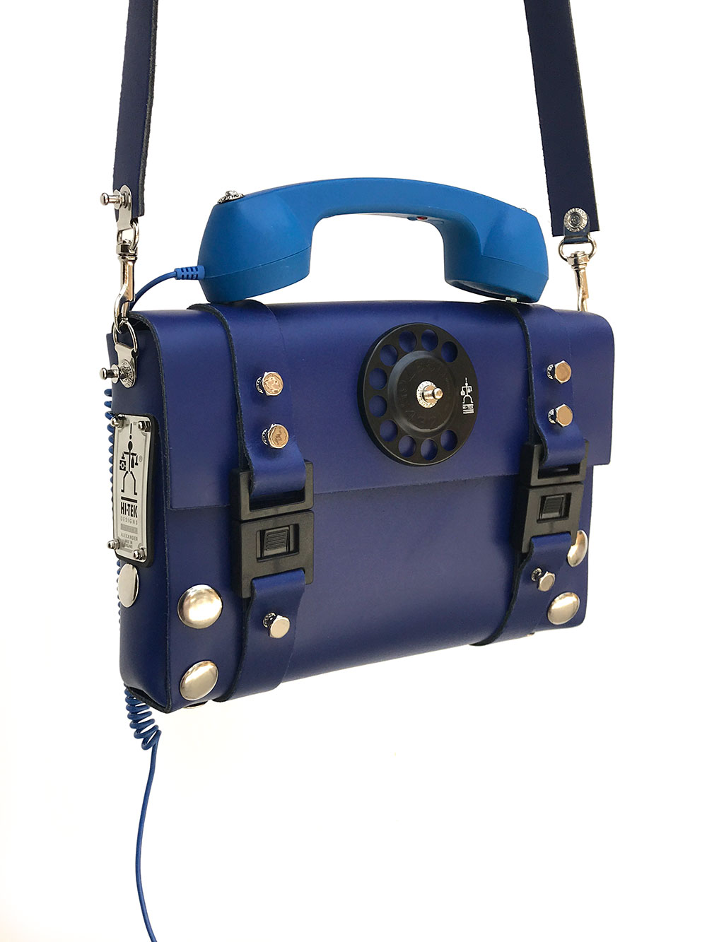 blue leather shoulder bag handbag with retro telephone receiver handle  unusual unique