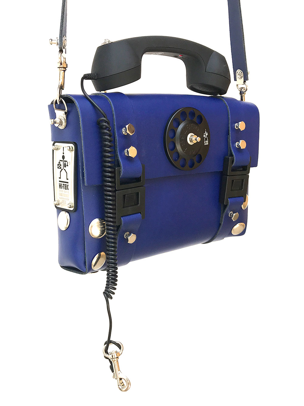 blue leather shoulder bag handbag with retro telephone receiver handle  unusual unique
