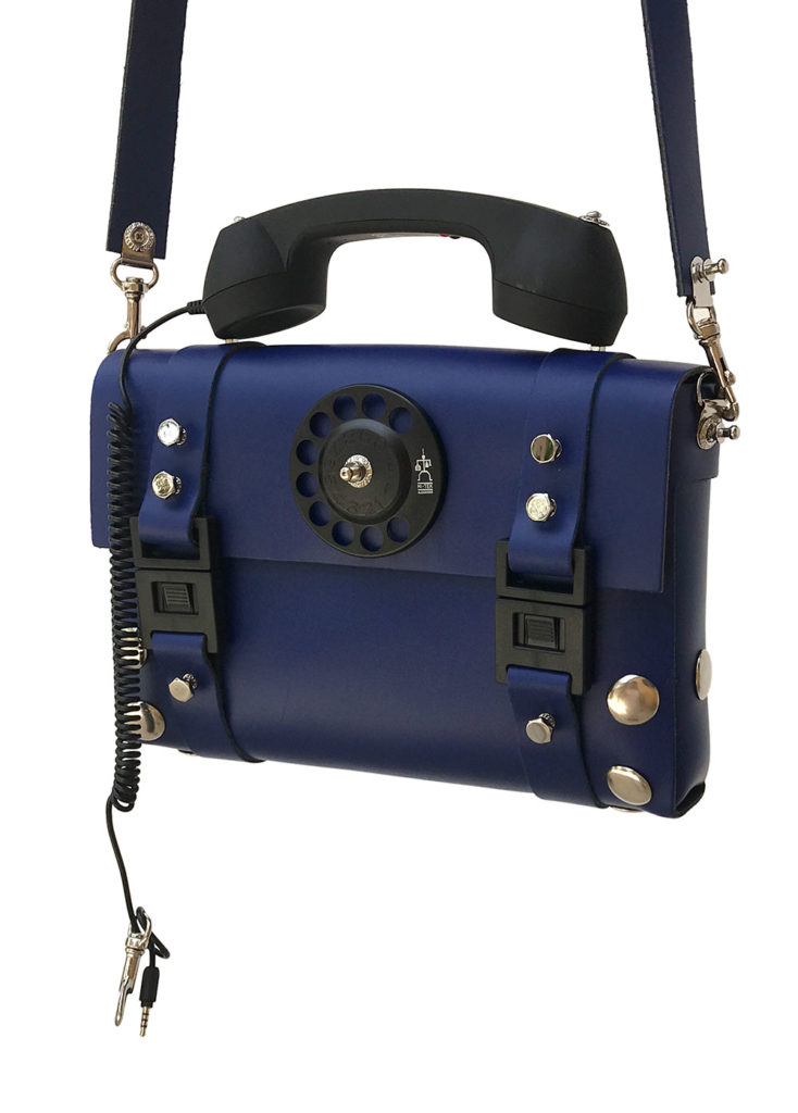 blue leather shoulder bag handbag with retro telephone receiver handle unusual unique - Image 3