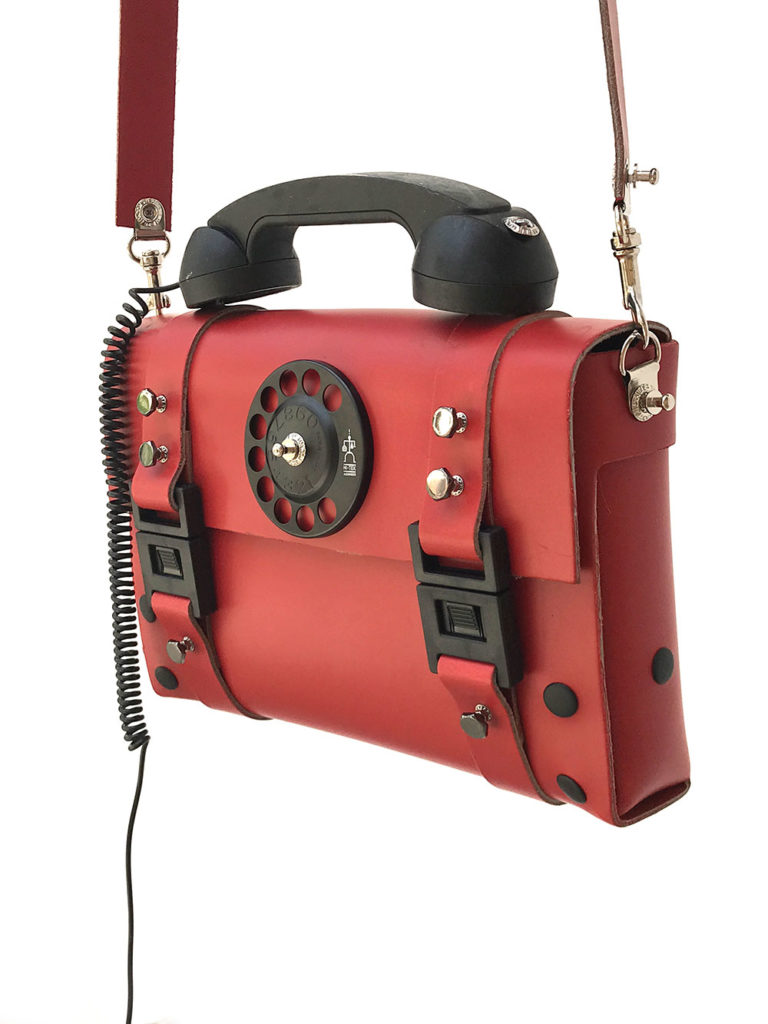 red leather shoulder bag handbag with retro telephone handle unusual unique - Image 3