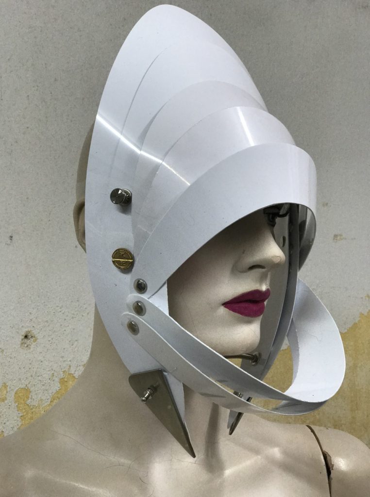 Unusual Head Wear futuristic, mask hat headpiece helmet modern Steampunk wearable art solid white - Image 2