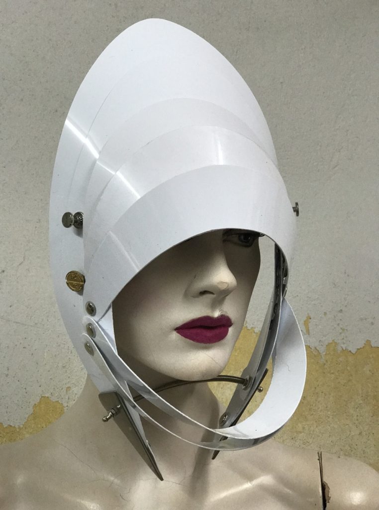 Unusual Head Wear futuristic, mask hat headpiece helmet modern Steampunk wearable art solid white - Image 4