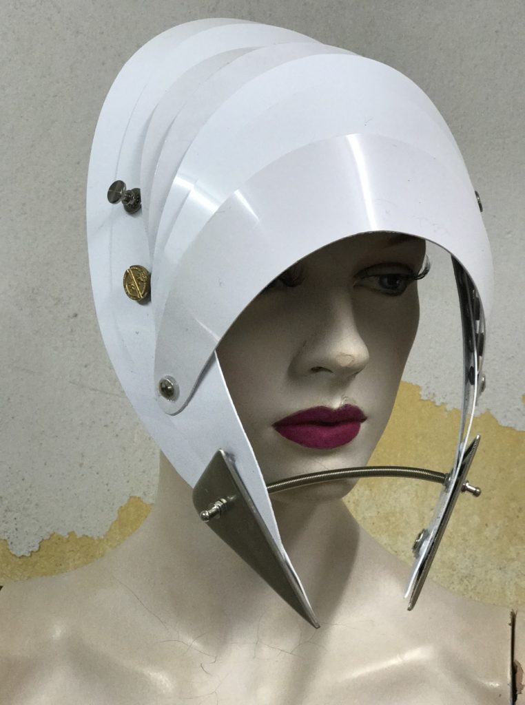 Unusual Head Wear futuristic, mask hat headpiece helmet modern Steampunk wearable art solid white