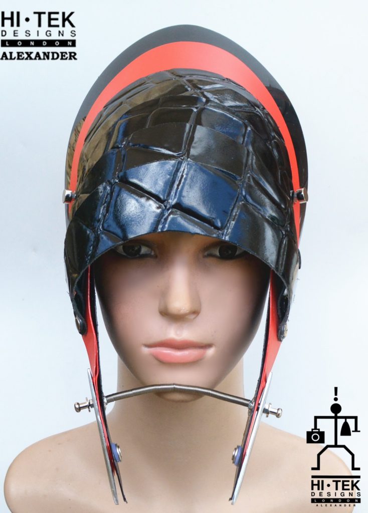 Unusual Head Wear futuristic, mask hat headpiece helmet modern Steampunk wearable art red black - Image 2