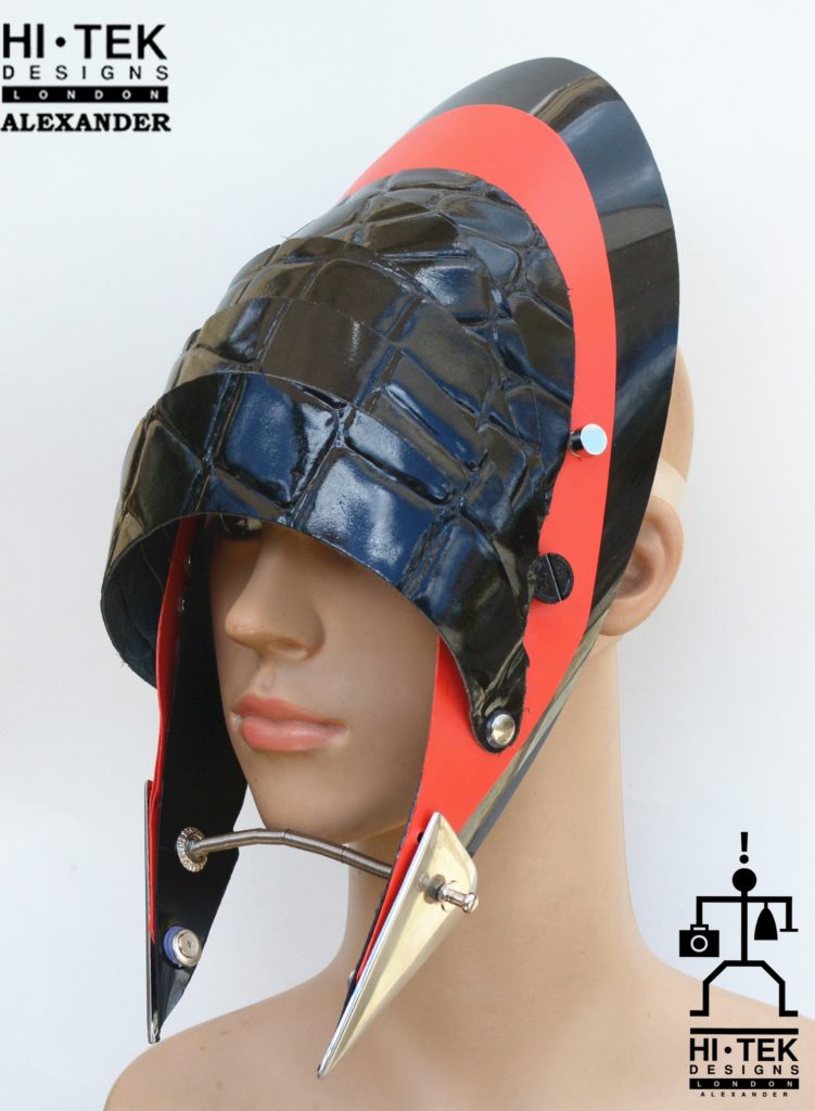 Unusual Head Wear futuristic, mask hat headpiece helmet modern Steampunk wearable art red black