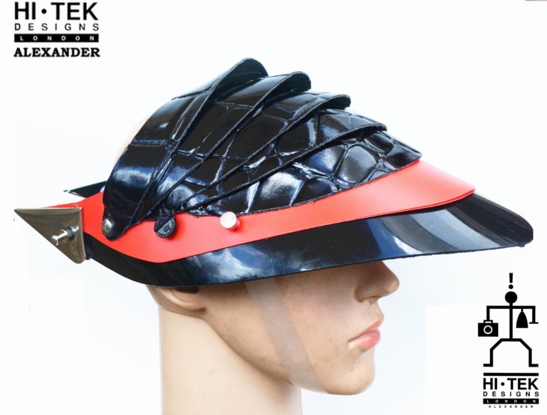 Unusual Head Wear futuristic, mask hat headpiece helmet modern Steampunk wearable art red black - Image 4
