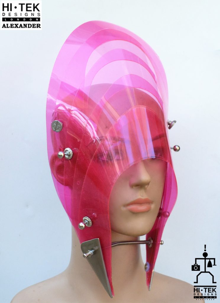 futuristic head wear with horns in entertainment article, wearable art, bright pink - Image 3