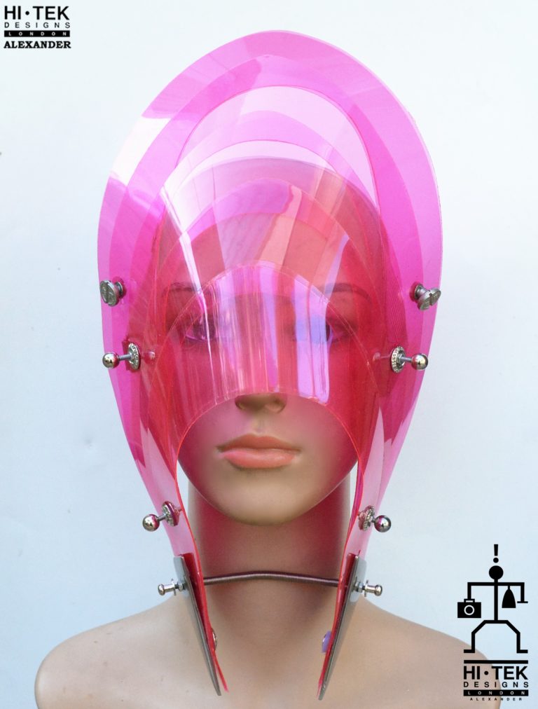 futuristic head wear with horns in entertainment article, wearable art, bright pink - Image 2