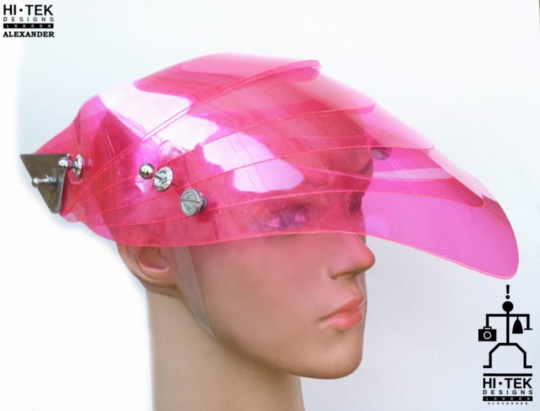 futuristic head wear with horns in entertainment article, wearable art, bright pink - Image 4