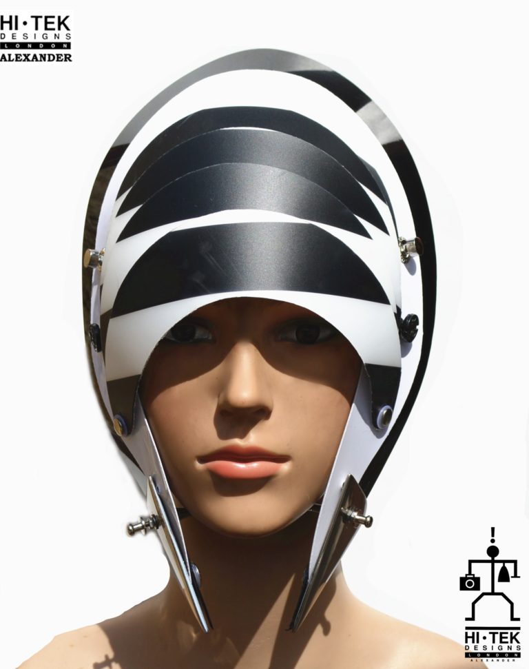 futuristic head wear in entertainment article, wearable art, cobalt black white stripe - Image 3