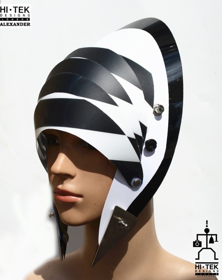 futuristic head wear in entertainment article, wearable art, cobalt black white stripe - Image 4