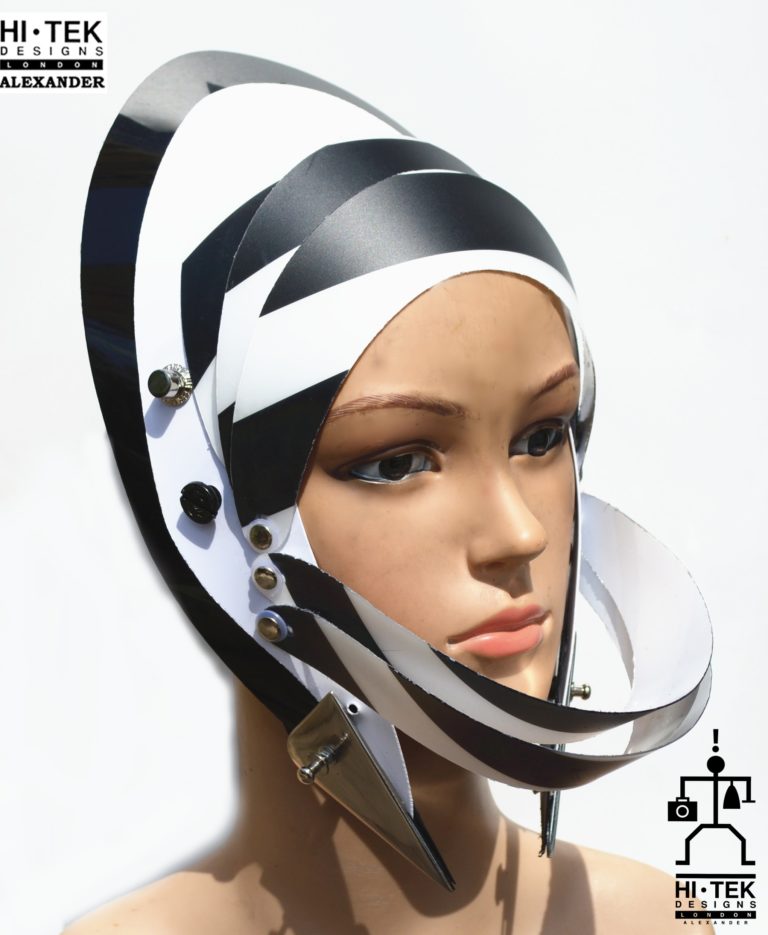 futuristic head wear in entertainment article, wearable art, cobalt black white stripe - Image 2