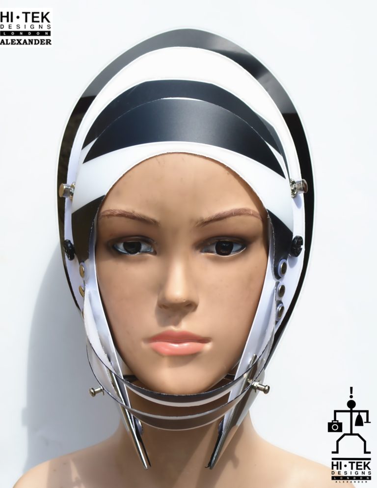futuristic head wear in entertainment article, wearable art, cobalt black white stripe - Image 5