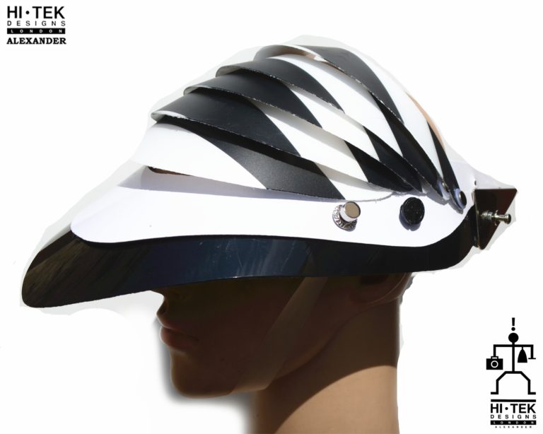 futuristic head wear in entertainment article, wearable art, cobalt black white stripe - Image 6
