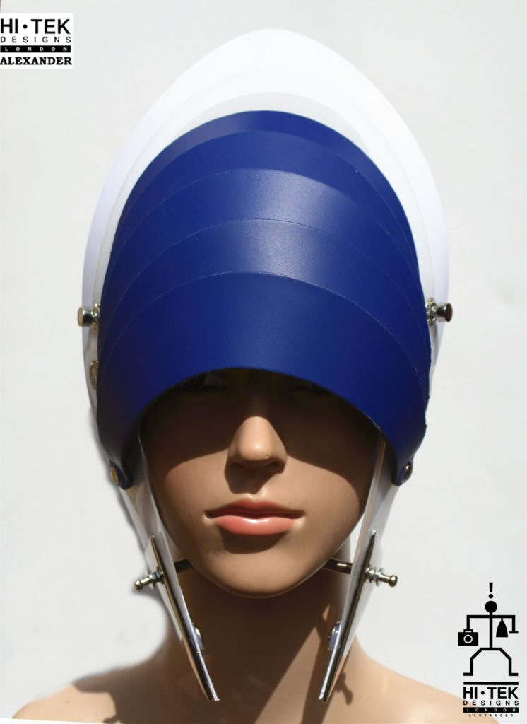 futuristic head wear in entertainment article, wearable art, cobalt blue leather white - Image 3