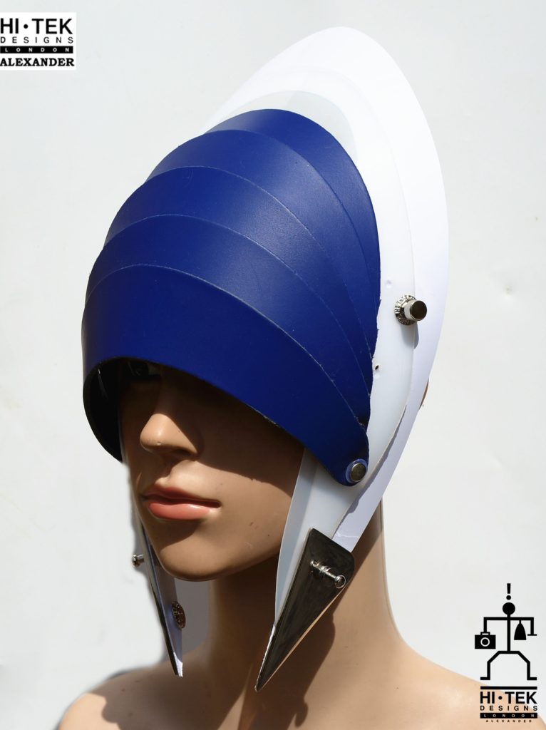 futuristic head wear in entertainment article, wearable art, cobalt blue leather white - Image 4